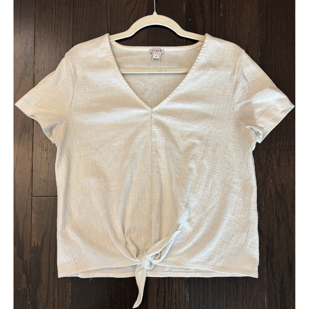 J. Crew Womens Textured Tie Front Blouse Top Ivory V-Neck Short Sleeve Comfort M